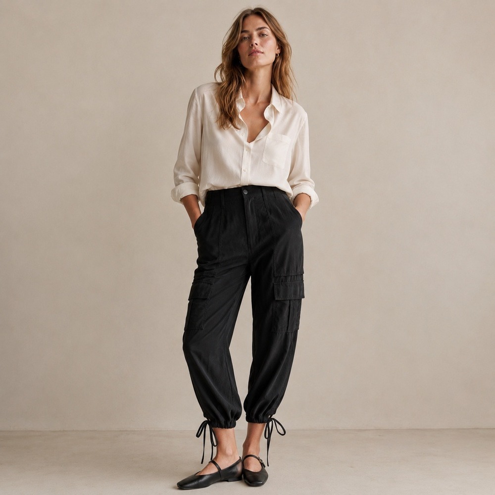 Calvin Rucker 100% Silk Black Cropped Cargo Pants Sz 28 NWT